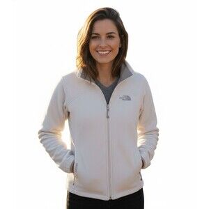 North Face Jacket Fleece Womens Medium White Full Zip Pockets Windwall EUC